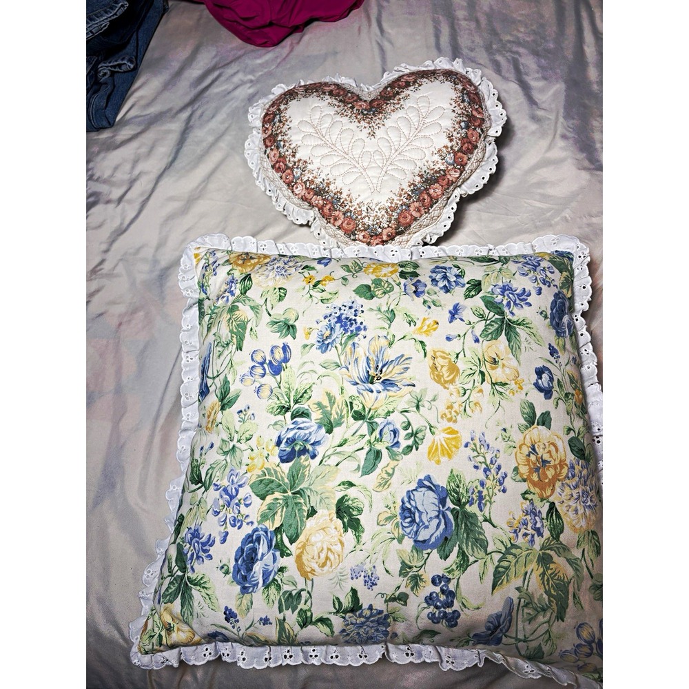 2pc Floral Square Decorative Throw Pillows w/ Lace Trim, Multicolor
